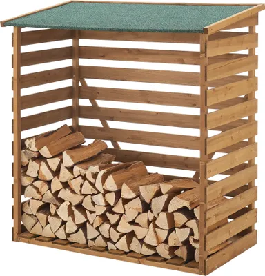 A wooden log store filled with firewood, with a green roof.