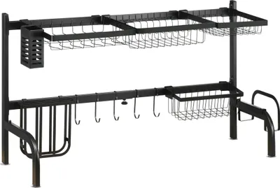 Immagine prodotto di Scolapiatti a 2 ripiani con ganci e vaschetta di raccolta in acciaio, per cucina, nero 51-93 cm