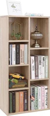 Image de Étagère bibliothèque Famanu en forme de L, avec 7 compartiments ouverts - Chêne