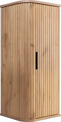 A tall, narrow wooden cabinet with a ribbed texture and a single black handle.