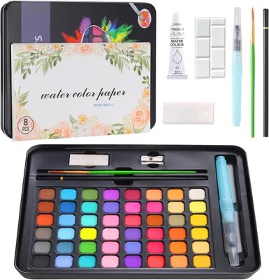 Produktbild von Aquarellfarben Set 48 Farben, mit Pinsel, Wassertankpinsel, Palette, Zeichenstift, für Kinder