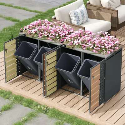 Produktbild von MODFU Mülltonnenbox Vier Türen horizontale Holzmaserungspaneele mit integriertes Pflanzgefäß Abschließbar für den Garten geeignet Grau