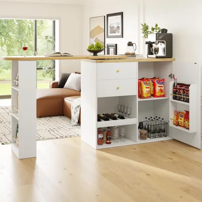 Image de MODFU Table Bar Meuble Bar - Rotation 360° avec 2 Tiroirs et Rangement Ouvert, Porte Coulissante et Étagères, MDF Blanc