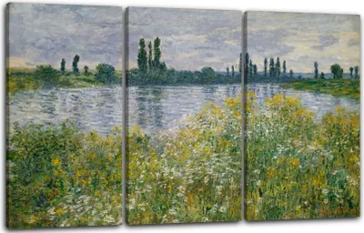 Produktbild von Leinwandbild 3-teilig (120x80cm): Claude Monet - Seine-Ufer, Vétheuil (1880), echter Holz-Keilrahmen inkl. Aufhänger, handgefertigt in Deutschland