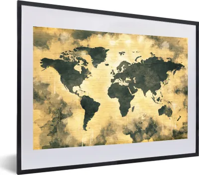 Produktbild von MuchoWow® MuchoWow® Gerahmtes Poster Weltkarte - Schwarz - Braun 60x40 cm - Poster mit zchwarzem Bilderrahmen - Schlafzimmer - Plakat in Rahmen - Drucken