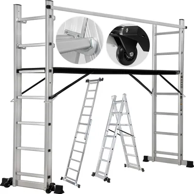Produktbild von Craftfull Leitergerüst CF-103A | 4in1 Multigerüst aus Aluminium - Multifunktion - Anti-Rutsch-Rollen - Gerüst - Bis 150 Kg (1.95 Meter 7 Sprossen)