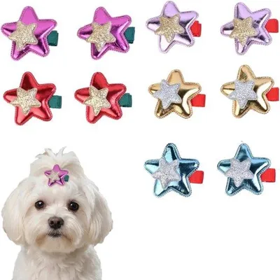 Produktbild von 10 glanzende Sterne-Haar-Spangen für Hunde und Katzen, farbenfrohe Haar-Accessoires für Tiere, Pflege und Styling