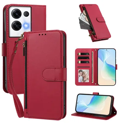 Image de Étui portefeuille pour Oppo Reno8 Pro 5G, en cuir PU, avec compartiments pour cartes, support et dragonne. Couleur : rouge