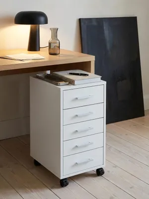 Produktbild von Rollcontainer Weiß 33 x 63 x 38 cm Holz Schubladenschrank Schreibtisch, Büro Schrank mit 5 Schubladen, Container Rollschrank klein Standcontainer schmal, Schreibtischcontainer mit Rollen