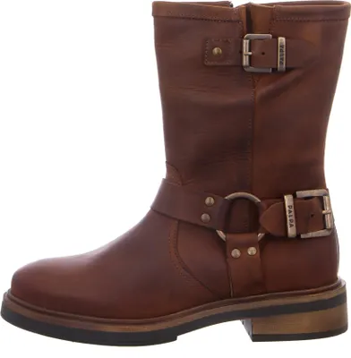 A side view of a brown leather boot.