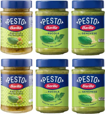 Produktbild von Testpaket Barilla grünes 2x Pesto Basilico e Rucola 2x Pesto genovese 2x Pesto pistacchio Pesto Basilico e Pistacchio Pesto mit Basilikum und Pistazien 6x 190g