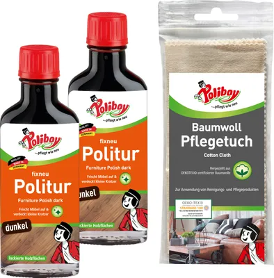 Produktbild von Poliboy fixneu Politur dunkel - Möbelpolitur für dunkle lackierte Hölzer - farbauffrischende Holzpolitur - 2x100ml - Mit Baumwolltuch
