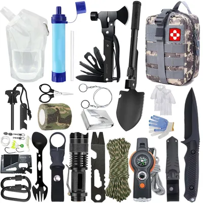 Immagine prodotto di Kit di sopravvivenza 22 in 1, set di emergenza per attività all'aperto, con filtro per l'acqua e sacca per l'acqua, ideale per campeggio e trekking