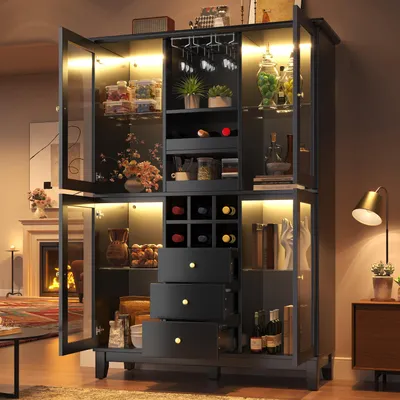 Produktbild von MODFU Weinschrank Aufbewahrungsschrank mit Flaschenhalter Hochschrank mit 3 Schubladen und Glastüren Küchenschrank Vitrine mit LED-Beleuchtung Für Wohnzimmer oder Esszimmer Schwarz