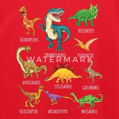 Produktbild von Spreadshirt Dinosaurier Arten Übersicht Dino T-Rex Comic Kinder T-Shirt, 122/128 (7-8 Jahre), Rot