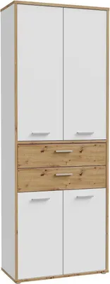 Immagine prodotto di Forte KEFLAVIK mobile da ufficio 80 90, mobile da ufficio moderno con 4 ante e 2 cassetti, decorazione in legno di rovere bianco/artigianale, 84,5 cm di larghezza x 226,5 cm di altezza x 41,5 cm di profondità