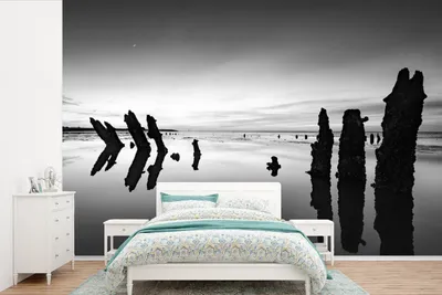 Produktbild von MuchoWow® Fototapete für Wohnzimmer oder Schlafzimmer Wandtapete Vinyl Motivtapete Wattenmeer - Schwarz - Weiß - Holz - 390x260 cm - Papiertapete