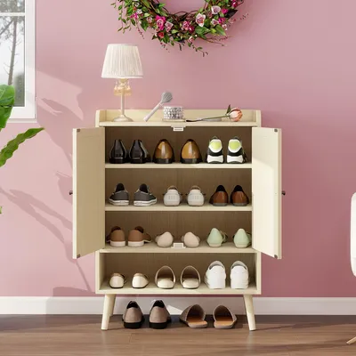 Zdjęcie produktu dla Szafka na buty - Półka na buty - Organizer na buty - Ławka do przechowywania butów - Mała szafka na buty - Metalowa konstrukcja z elementami rattanu
