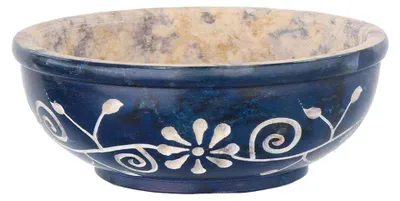Image de Bol bleu pour cheminée, diamètre 10 cm, en pierre de savon, gravé à la main avec un motif floral