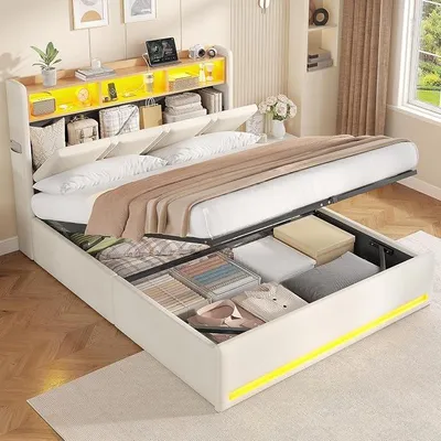 Obrázek produktu pro Postel s čalouněnou konstrukcí 140x200, postel s hydraulickým úložným prostorem, LED osvětlením a zásuvkami, čalouněná opěrka hlavy s úložným prostorem, dvoulůžko s roštovou základnou, postel s úložným prostorem, barva béžová, materiál len (bez matrace)