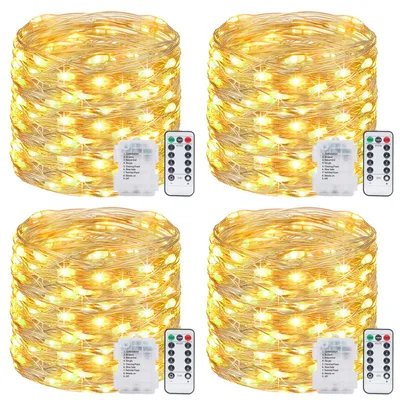 Zdjęcie produktu dla Świąteczna girlanda LED zasilana bateriami - zestaw 4 sztuk - długość 12 metrów - 120 diod LED - 8 trybów świecenia i pilot zdalnego sterowania z timerem - do użytku w ogrodzie