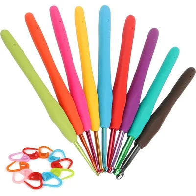 Productafbeelding van Hakennaalden set, 9-delig, ergonomisch ontwerp met zachte handgrepen, geschikt voor mensen met artritis. Ideaal voor beginners. Inclusief: markeringen voor steken, verkrijgbaar in verschillende kleuren, maten 2,0 mm - 6,0 mm