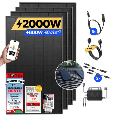 Produktbild von Balkonkraftwerk 2000W Solaranlage mit Ziegeldach Halterung (Einzelmontage) Steckerfertig Komplettset Photovoltaik Anlage 800W, Kabellänge: 5m, Solakon