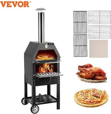 Obrázek produktu pro Zahradní pec na pizzu s kolečky – dvoupatrová pec na dřevo – černá – gril – venkovní pec