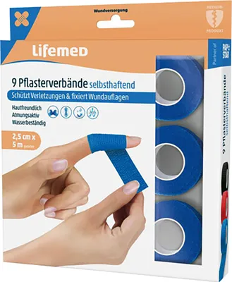 Produktbild von 9x PFLASTERVERBAND Set 2,5cmx5m Blau selbsthaftend elastisch Wundverband Fingerpflaster Haftbandage Fixierbandage Pflasterolle Pflaster 95