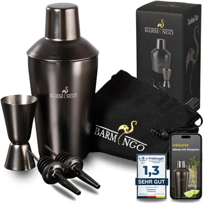Produktbild von BARMINGO® Edelstahl Cocktail Set 5tlg. – 500ml Cocktail Shaker mit Bar Zubehör, Cocktailshaker Set, Barkeeper Set,  Barset, Metallic-Schwarz