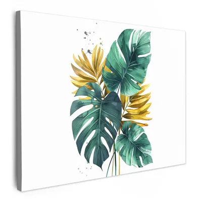 Produktbild von MuchoWow® - Leinwandbilder - Blätter - Monstera - Grün - Gold - Modern, Wandbild, Wanddeko Bilder Wohnzimmer, 80x60 cm