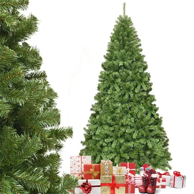 A green artificial Christmas tree with presents underneath, set against a white background.