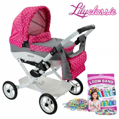 Immagine prodotto di Carrozzina per bambole pieghevole, modello Adbor Lily Classic, rosa con pois bianchi e dettagli grigi, inclusa borsa e cesto