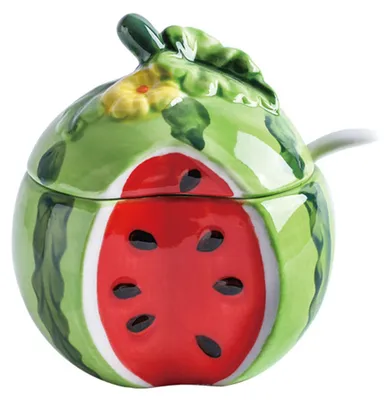 Produktbild von Gewürzglas in Wassermelonenform, multifunktionaler, spülmaschinenfester Keramikbehälter mit Deckel, Löffel für Salz, Zucker
