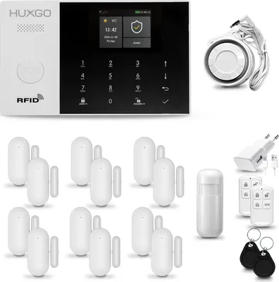 Image de HUXGO HXA005 Système d'alarme maison WiFi + GSM 4G avec sirène, système d'alarme avec 1x capteur de mouvement et 12x capteur porte/fenêtre, système d'alarme pour appartement, maison, garage, Tuya Smartlife App