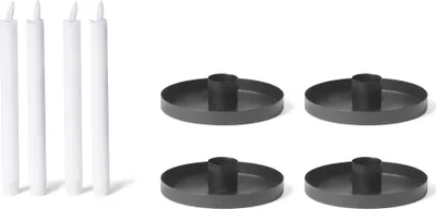Produktbild von Novaliv 4x Kerzenhalter 9cm Metall Stabkerzenhalter SCHWARZ Kerzenteller mit Stabkerzen LED Premium Echtwachskerze Flackereffekt flammenlos Kerzenständer Kerzenpin Stabkerzen Tafelkerzen