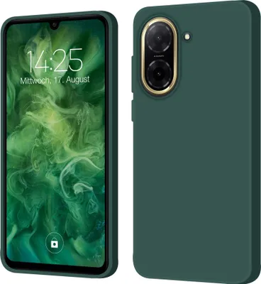 A split image showing the front and back of a green phone case. The front view displays a smartphone with a green abstract wallpaper. The back view shows the camera module of the phone case.