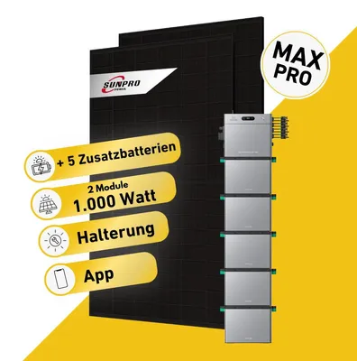 Produktbild von Balkonstrom Balkonkraftwerk 1000W Solaranlage mit Speicher | 5xZusatzspeicher | Biberschwanzdachhalterung | 2xSolarmodul | Zendure SolarFlow 2400 Pro
