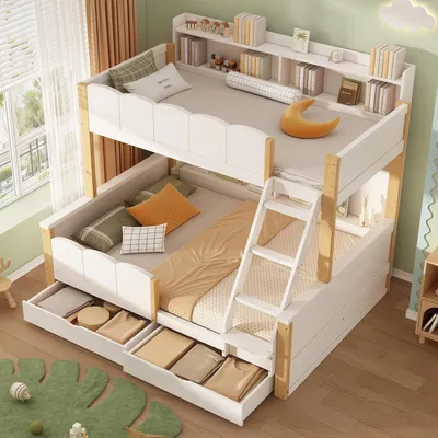 Productafbeelding van Flieks stapelbed 140 x 200 + 90 x 200 cm met schuine trap, familiebed met lades en valbeveiliging, kinderbed met planken, wit en naturel, hout