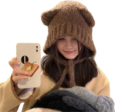 Produktbild von Niedliche Wintermütze mit Bärenohren für Damen, flauschige, lässige Häkelmütze, weiche Plüschmütze, warm mit Ohrenklappen.