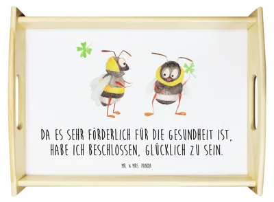 Produktbild von Mr. & Mrs. Panda Tablett Hummeln Kleeblatt - Weiß - Geschenk, glücklich Werden, Lustige Sprüche, Servier, holz serviertablett, sein, Servierplatte, Deko, Spruch Positiv