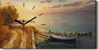 Produktbild von Dekor Leinwand Uhr Wandbilder 60x30 Gemälde See Schiff Weg Baum Wolken Himmel - schwarze Hände
