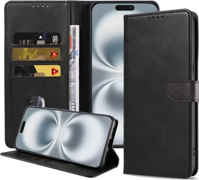 Immagine prodotto di Custodia per iPhone 16 Plus in ecopelle con labbro magnetico e portacarte a libro con patta - Nero - Smartphonica