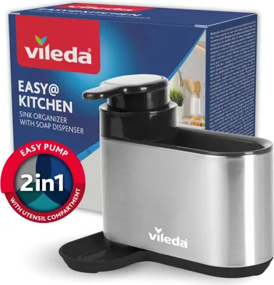 A product shot of a Vileda sink organizer with a soap dispenser, shown with its packaging in the background.