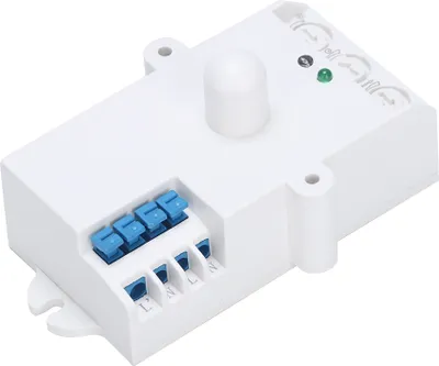A white electronic device with blue connectors and a small white dome on top, set against a white background.