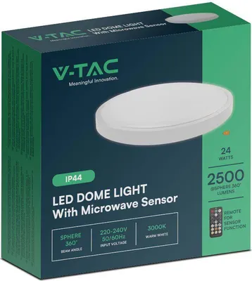 Immagine prodotto di V-TAC VT-8624S Plafoniera led 24W sensore di movimento microonde integrato e telecomando IP44 rotonda bianca 360° 6500K - sku 76641