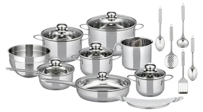 Produktbild von ELO Topfset 20-teilig Prima Tavola, Edelstahl, hochglanzpoliert, Abgießrand, energiesparender Kapselboden, silberfarben