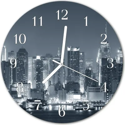 Produktbild von Glasuhr Wanduhr Küchenuhr Echt-Glas 30fi cm Skyline Nacht schwarz-weiß
