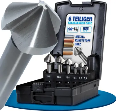 Produktbild von NTG Kegelsenker-Satz, 6,3 - 20,5 mm, 6-tlg, Kegelsenker 90°, HSS Stahl, Senker u. Entgrater f. Holz, Metall und Kunststoff
