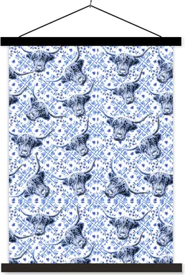 Produktbild von MuchoWow® Textilposter Schottisches Hochlandrind - Schablone - Delfter Blau 60x80 cm mit schwarzem Rahmen - Plakathalter